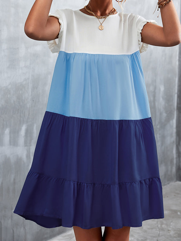 Loose Ruffle Sleeves Contrast Color Falbala Pleated Split-Joint Round-Neck Mini Dresses - Seldom Seen Styles