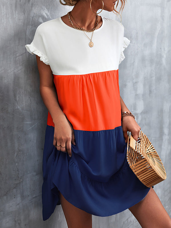 Loose Ruffle Sleeves Contrast Color Falbala Pleated Split-Joint Round-Neck Mini Dresses - Seldom Seen Styles