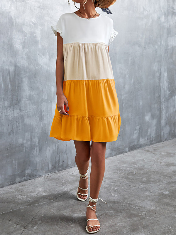 Loose Ruffle Sleeves Contrast Color Falbala Pleated Split-Joint Round-Neck Mini Dresses - Seldom Seen Styles