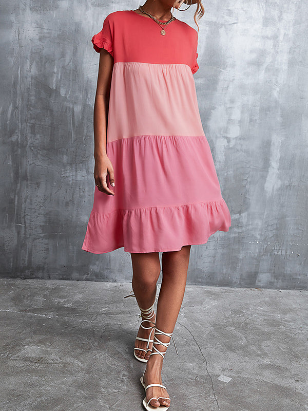 Loose Ruffle Sleeves Contrast Color Falbala Pleated Split-Joint Round-Neck Mini Dresses - Seldom Seen Styles