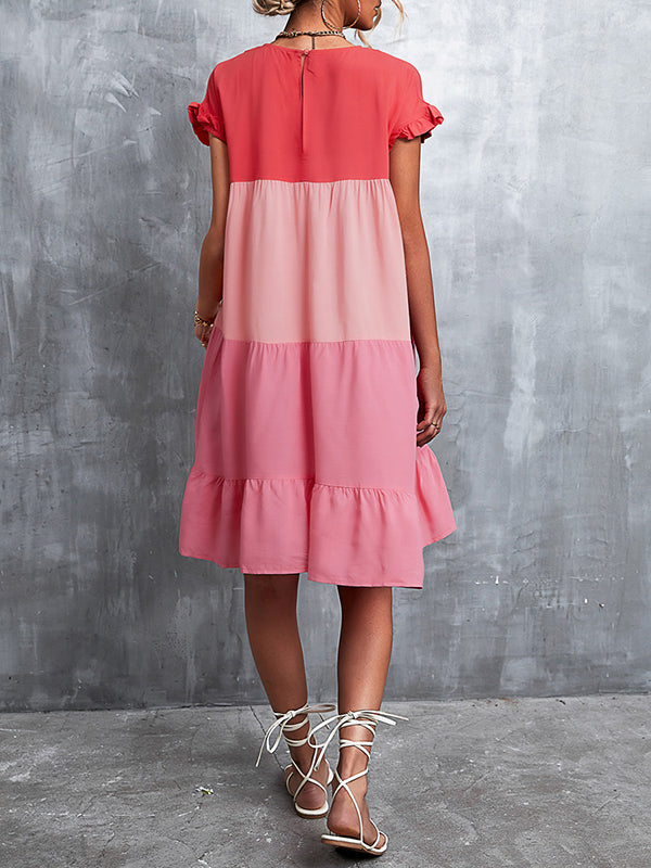 Loose Ruffle Sleeves Contrast Color Falbala Pleated Split-Joint Round-Neck Mini Dresses - Seldom Seen Styles