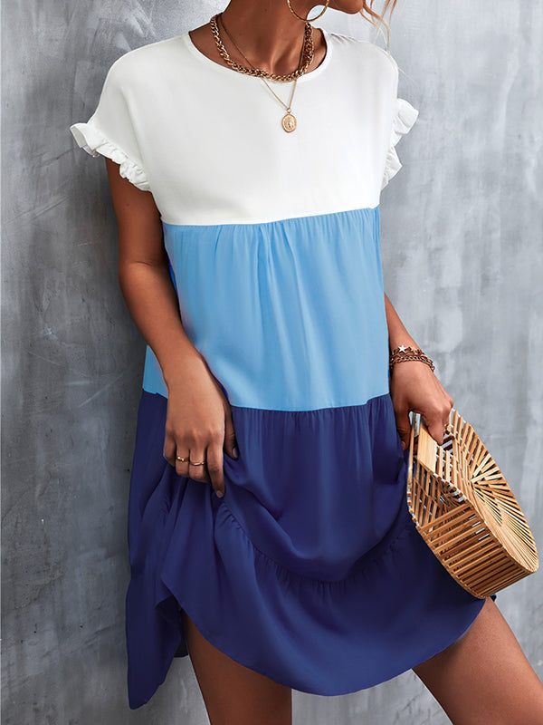 Loose Ruffle Sleeves Contrast Color Falbala Pleated Split-Joint Round-Neck Mini Dresses - Seldom Seen Styles