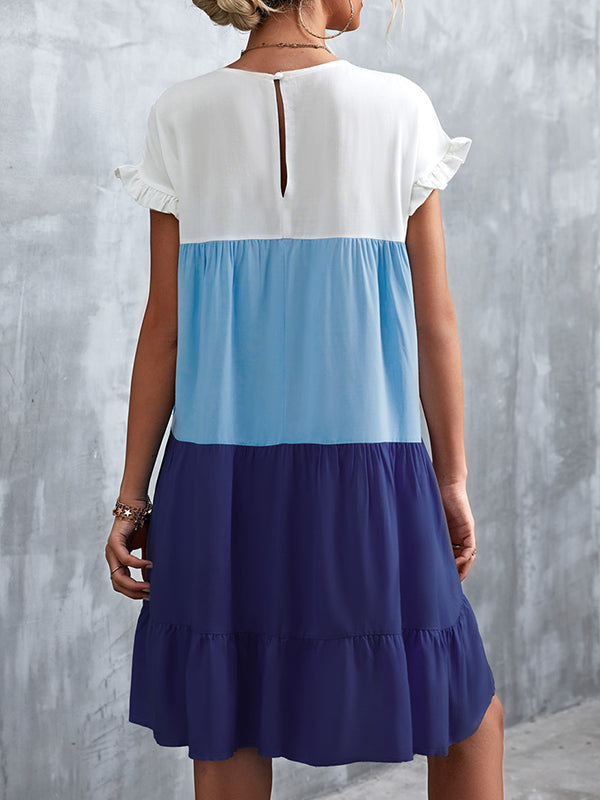 Loose Ruffle Sleeves Contrast Color Falbala Pleated Split-Joint Round-Neck Mini Dresses - Seldom Seen Styles