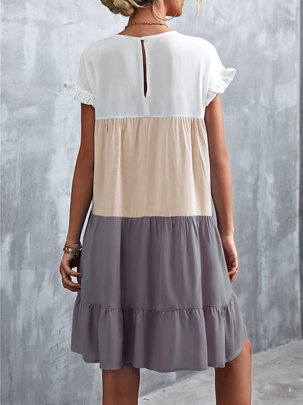 Loose Ruffle Sleeves Contrast Color Falbala Pleated Split-Joint Round-Neck Mini Dresses - Seldom Seen Styles