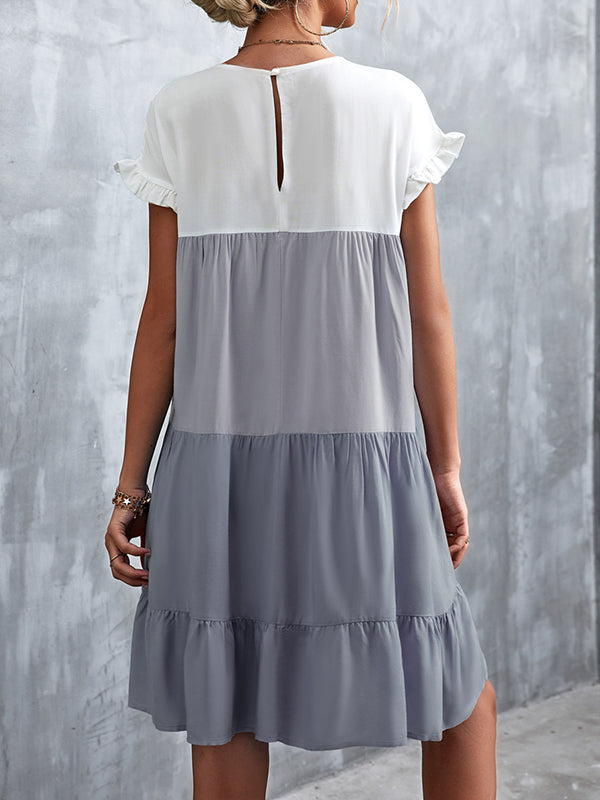 Loose Ruffle Sleeves Contrast Color Falbala Pleated Split-Joint Round-Neck Mini Dresses - Seldom Seen Styles