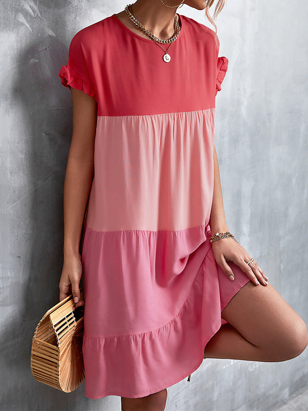 Loose Ruffle Sleeves Contrast Color Falbala Pleated Split-Joint Round-Neck Mini Dresses - Seldom Seen Styles
