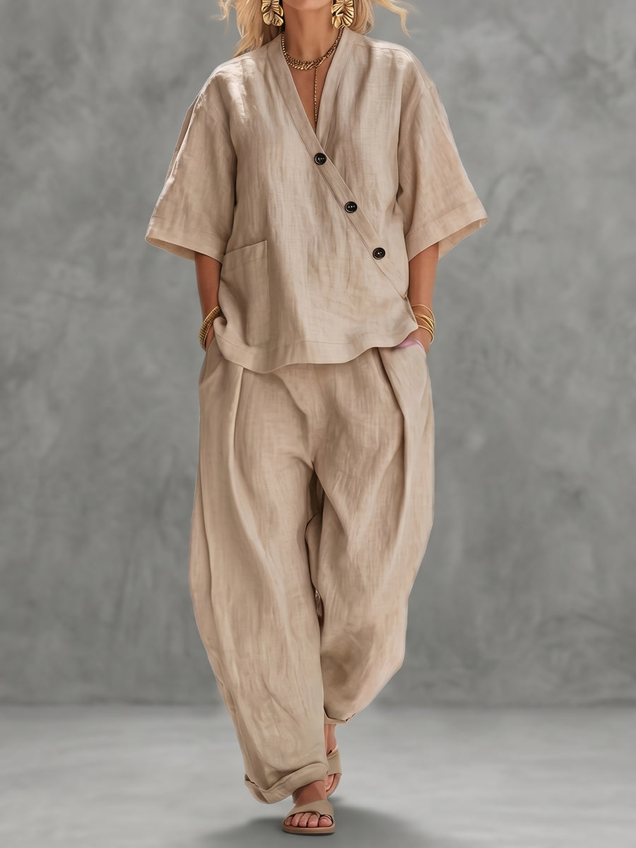 Loose Solid Color V-Neck Asymmetric Buttoned Blouses&Shirts Tops + High Waisted Pockets Pants Trousers Two Pieces Set - Seldom Seen Styles