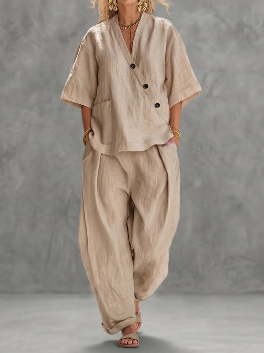 Loose Solid Color V-Neck Asymmetric Buttoned Blouses&Shirts Tops + High Waisted Pockets Pants Trousers Two Pieces Set - Seldom Seen Styles