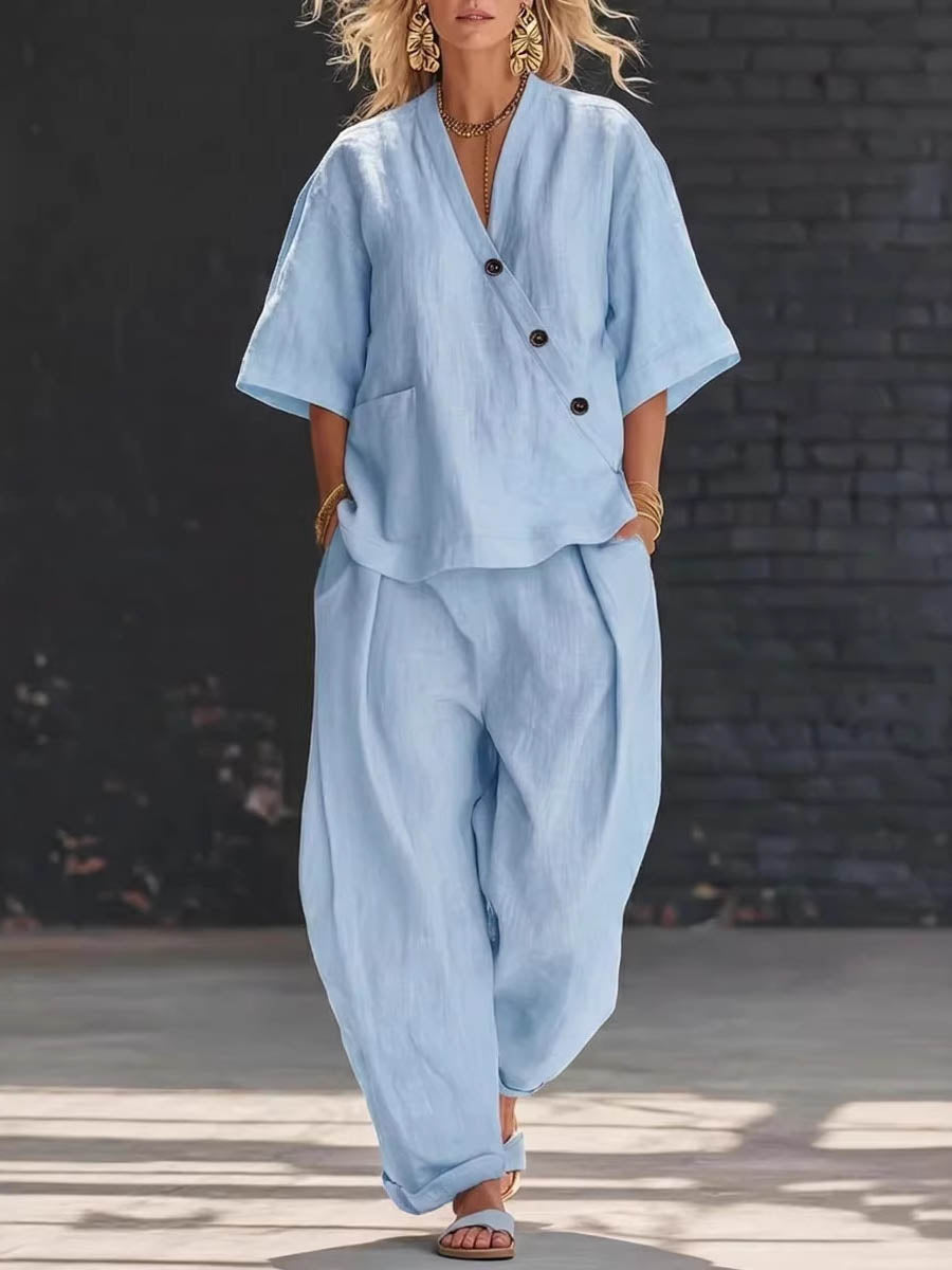 Loose Solid Color V-Neck Asymmetric Buttoned Blouses&Shirts Tops + High Waisted Pockets Pants Trousers Two Pieces Set - Seldom Seen Styles