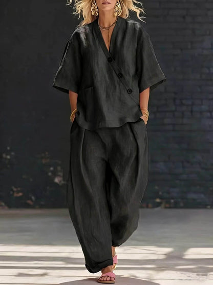 Loose Solid Color V-Neck Asymmetric Buttoned Blouses&Shirts Tops + High Waisted Pockets Pants Trousers Two Pieces Set