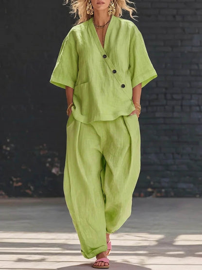 Loose Solid Color V-Neck Asymmetric Buttoned Blouses&Shirts Tops + High Waisted Pockets Pants Trousers Two Pieces Set