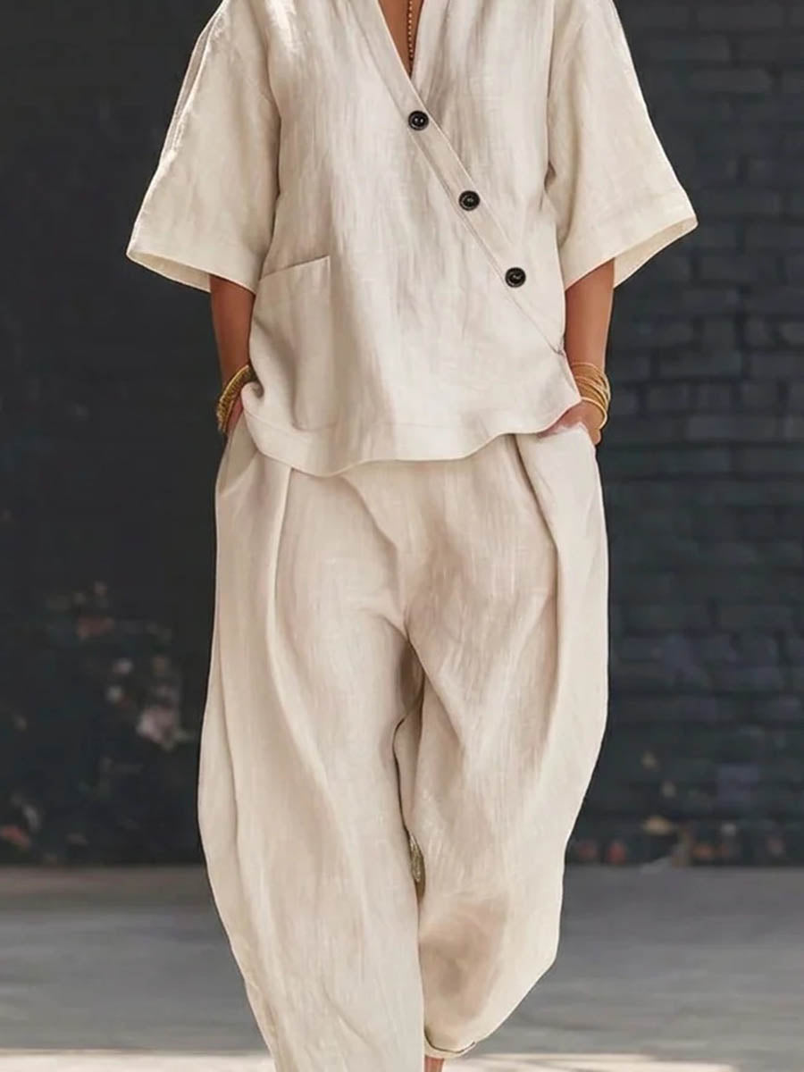 Loose Solid Color V-Neck Asymmetric Buttoned Blouses&Shirts Tops + High Waisted Pockets Pants Trousers Two Pieces Set - Seldom Seen Styles