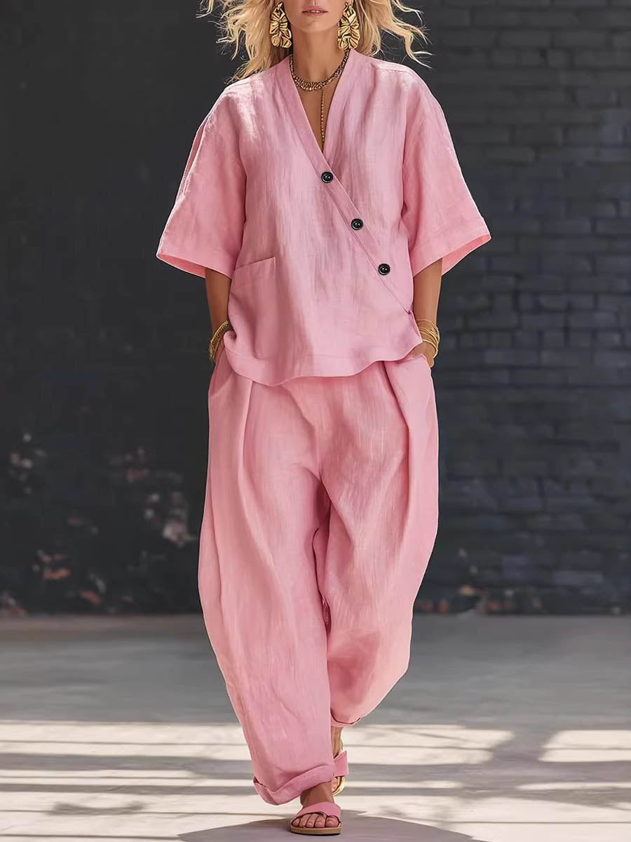 Loose Solid Color V-Neck Asymmetric Buttoned Blouses&Shirts Tops + High Waisted Pockets Pants Trousers Two Pieces Set - Seldom Seen Styles