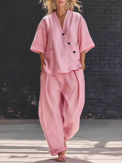 Loose Solid Color V-Neck Asymmetric Buttoned Blouses&Shirts Tops + High Waisted Pockets Pants Trousers Two Pieces Set