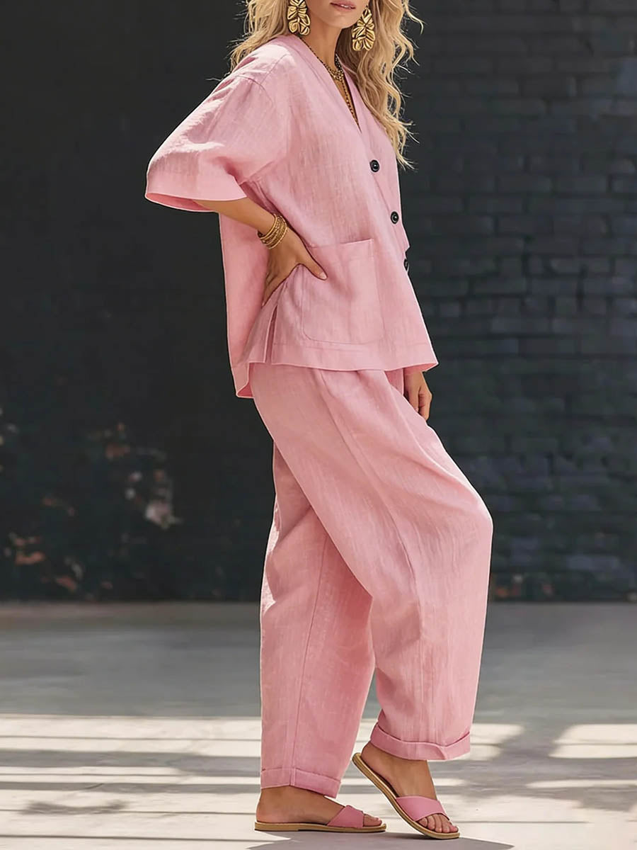 Loose Solid Color V-Neck Asymmetric Buttoned Blouses&Shirts Tops + High Waisted Pockets Pants Trousers Two Pieces Set - Seldom Seen Styles