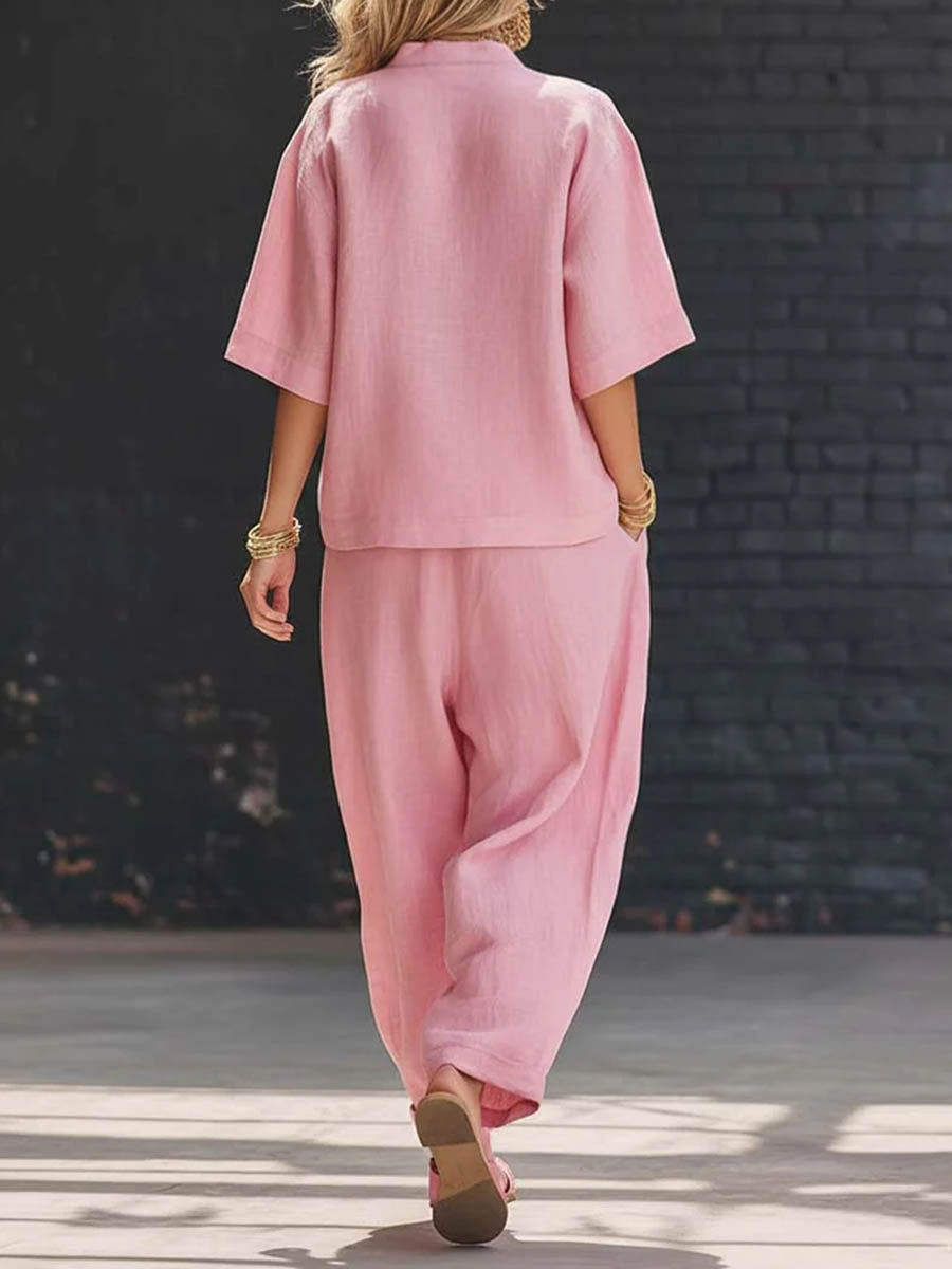 Loose Solid Color V-Neck Asymmetric Buttoned Blouses&Shirts Tops + High Waisted Pockets Pants Trousers Two Pieces Set - Seldom Seen Styles