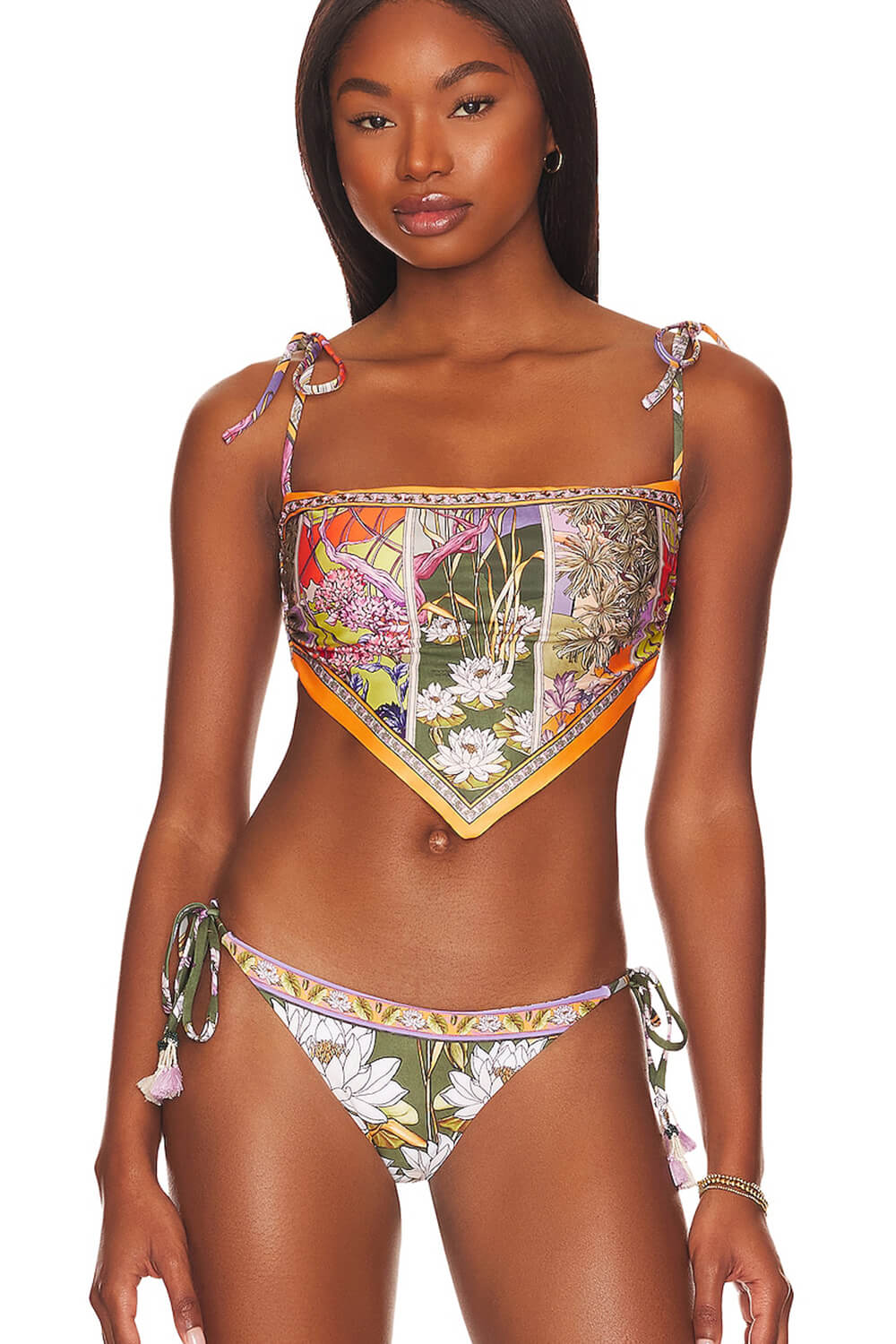Lotus Daicy Print Bandeau Scarf String Tie Bikini Set - Seldom Seen Styles