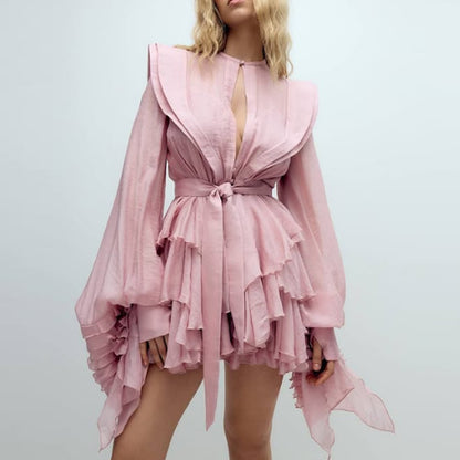 Lotusblatt-Rand Laternenärmelkleid Damen Herbst Neu Temperament Elegant Einfach Lässig Mode Strandrock