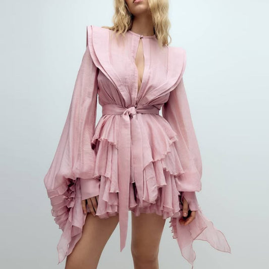 Lotus leaf edge lantern sleeve dress women's autumn new temperament elegant simple casual fashion beach skirt - Seldom Seen Styles