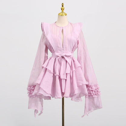 Lotusblatt-Rand Laternenärmelkleid Damen Herbst Neu Temperament Elegant Einfach Lässig Mode Strandrock