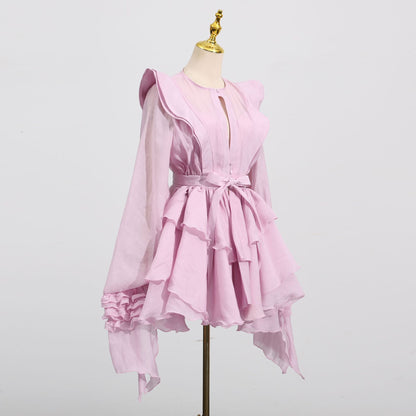 Lotusblatt-Rand Laternenärmelkleid Damen Herbst Neu Temperament Elegant Einfach Lässig Mode Strandrock
