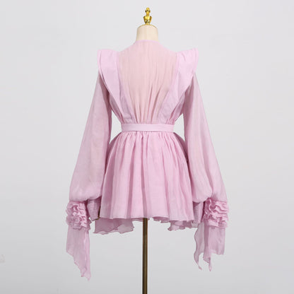 Lotusblatt-Rand Laternenärmelkleid Damen Herbst Neu Temperament Elegant Einfach Lässig Mode Strandrock