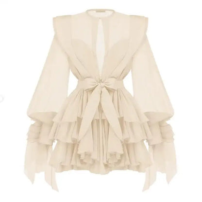 Lotusblatt-Rand Laternenärmelkleid Damen Herbst Neu Temperament Elegant Einfach Lässig Mode Strandrock