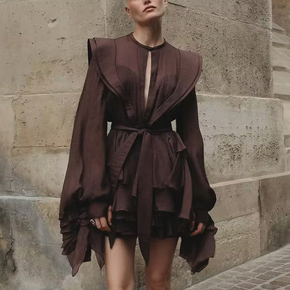 Lotusblatt-Rand Laternenärmelkleid Damen Herbst Neu Temperament Elegant Einfach Lässig Mode Strandrock
