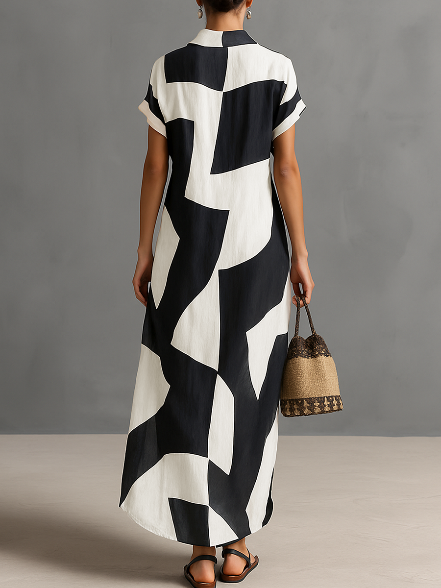 Women's Cotton And Linen Blend Irregular Geometric Print Lapel Single-Breasted Short-Sleeved Maxi Shirt Dress MDA1689G1Y - Seldom Seen Styles