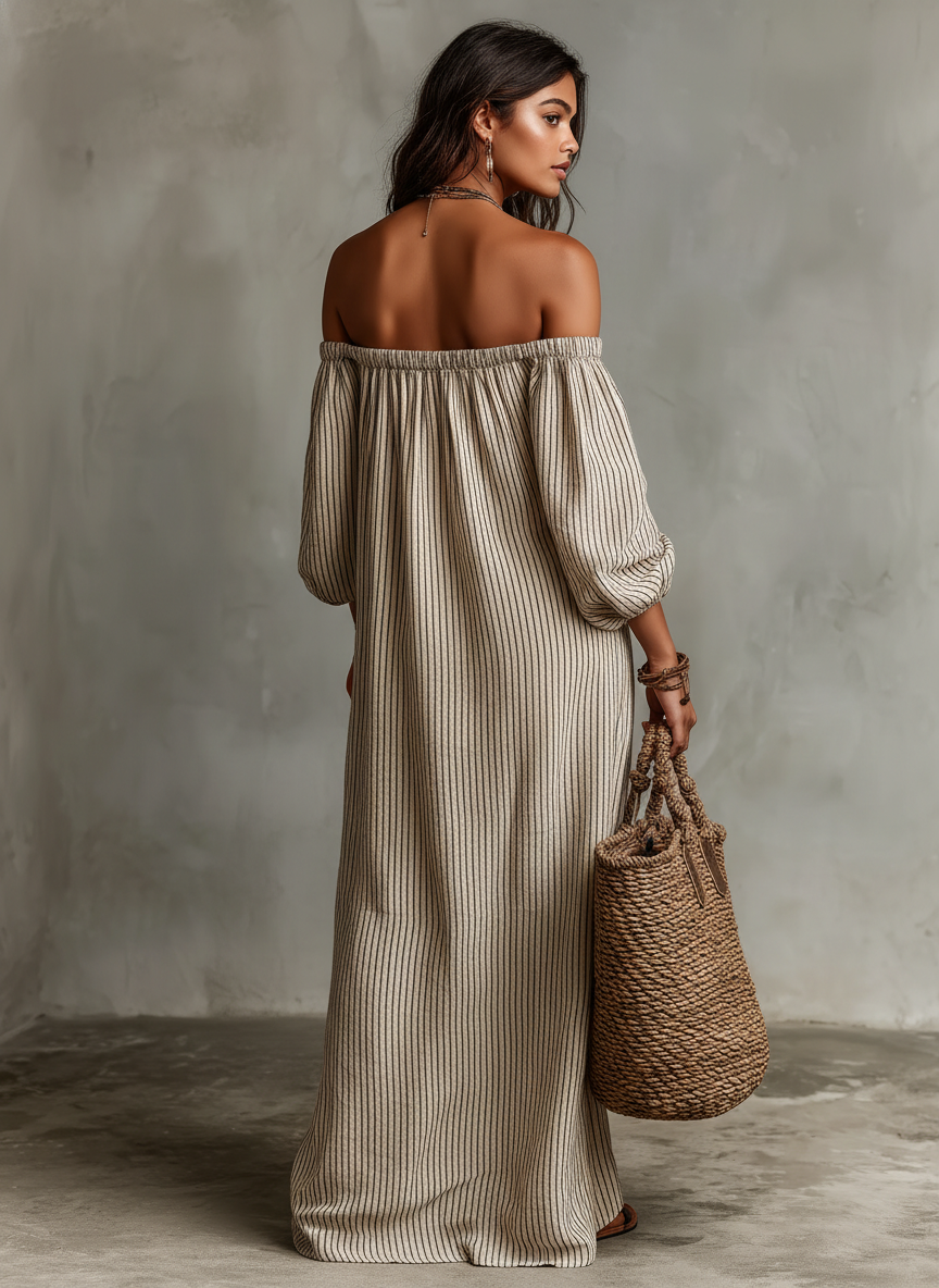 Women's Loose Cotton-Linen Off-Shoulder Long Sleeve Maxi Dress - Seldom Seen Styles