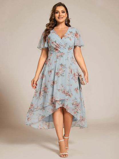 ever LARK|Ruffles Sleeve Pleated V-Neck A-Line Midi Chiffon Wedding Guest Dress