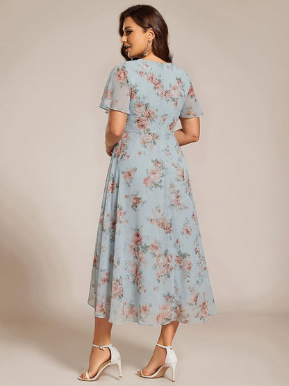 ever LARK|Ruffles Sleeve Pleated V-Neck A-Line Midi Chiffon Wedding Guest Dress