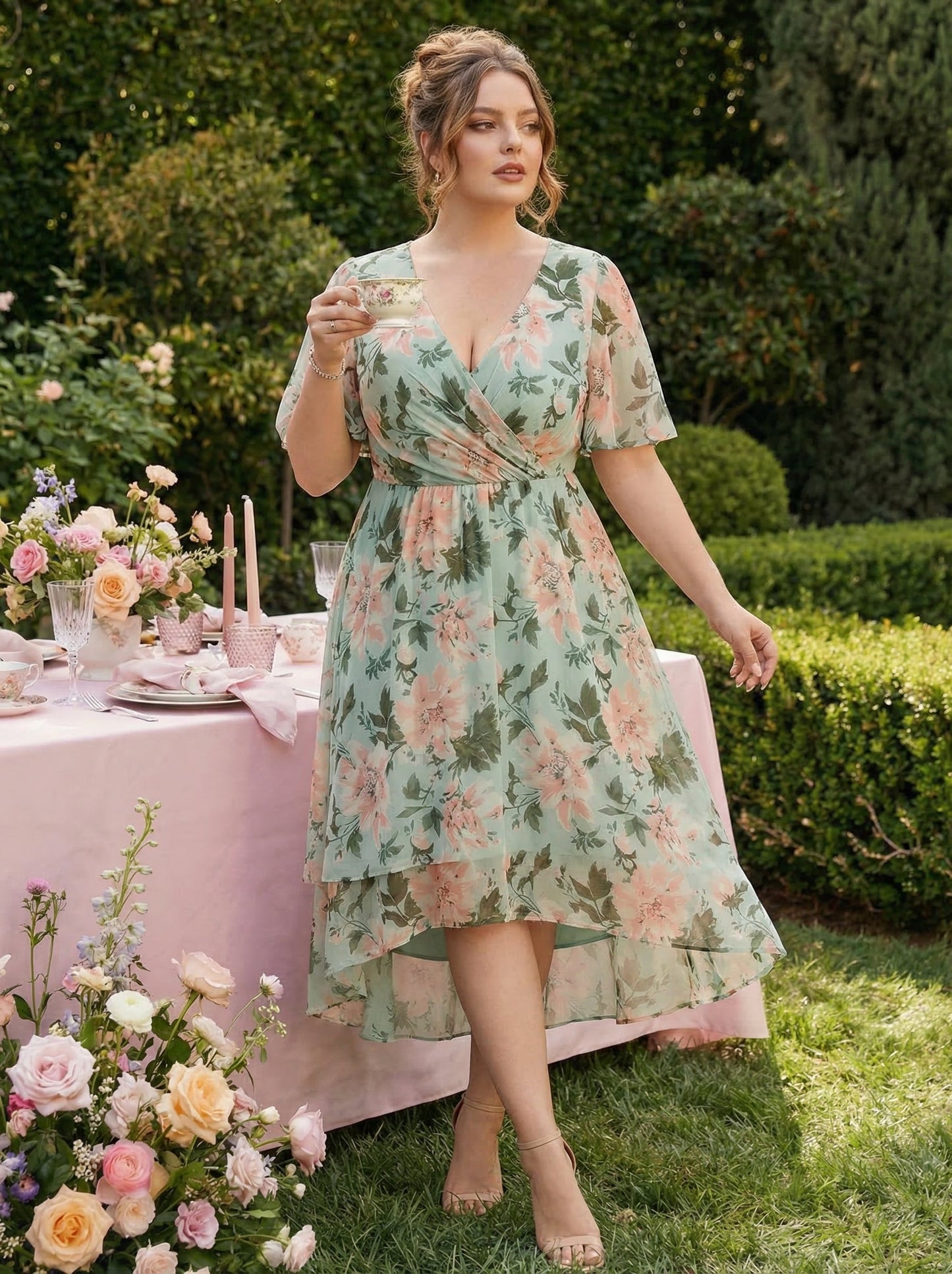 Deep V-Neck Chiffon Ruffle Sleeve Wedding Guest Dress #color_Light Green Floral