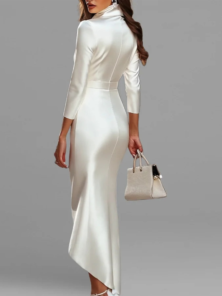 Sheath/Column V Neck 3/4 Sleeves Stand Collar Cocktail Dresses High-Low Ankle-Length Asymmetrical Wedding Guest Dresses - Seldom Seen Styles