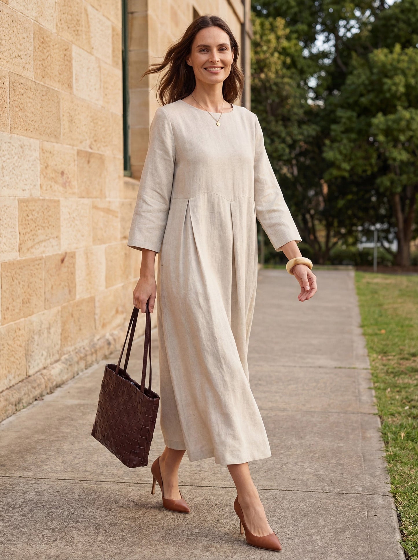 100% Linen Bateau Neck Pleated Maxi Dress ABIGAIL - Seldom Seen Styles