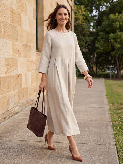 100% Linen Bateau Neck Pleated Maxi Dress ABIGAIL