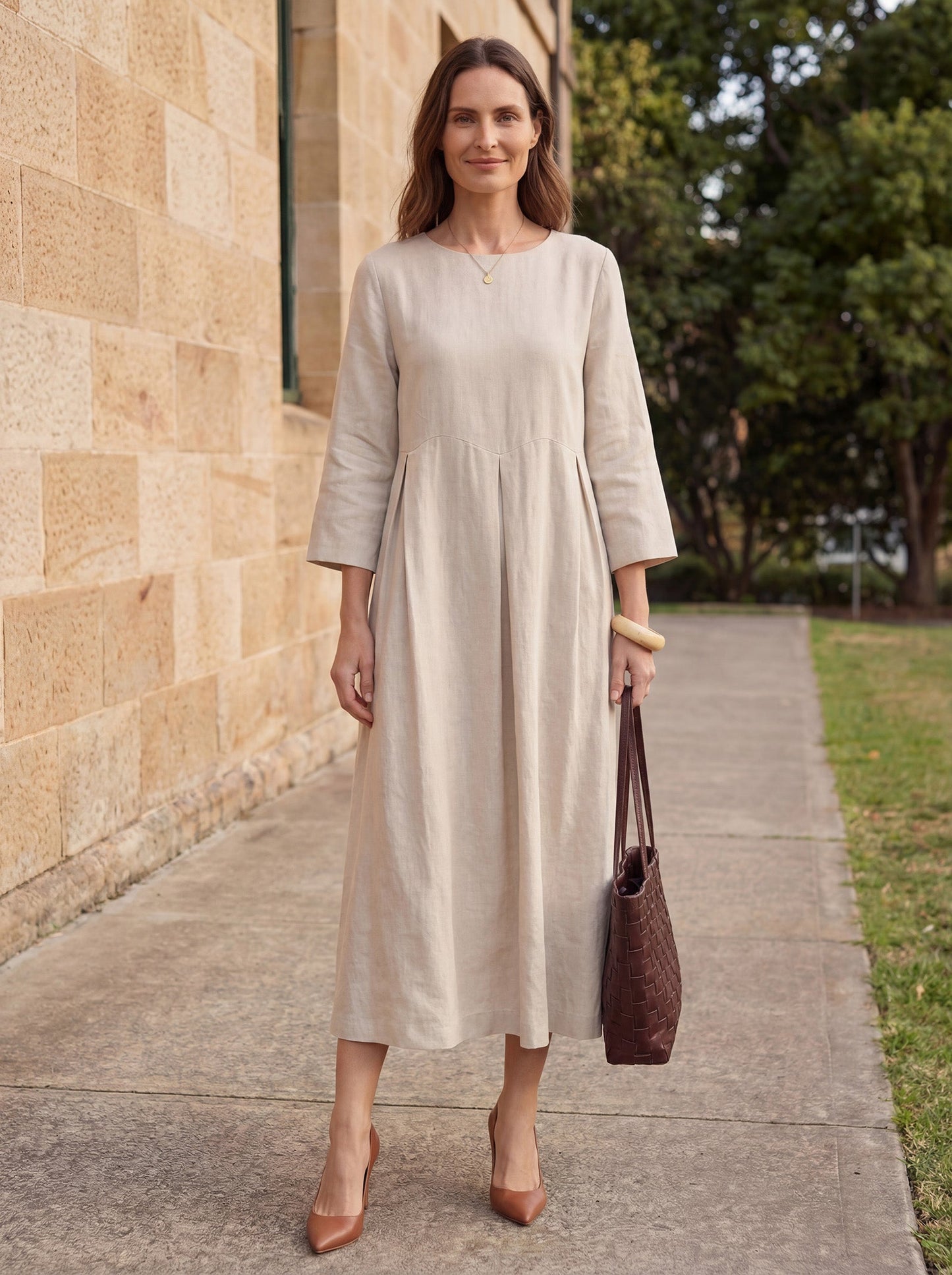 100% Linen Bateau Neck Pleated Maxi Dress ABIGAIL - Seldom Seen Styles