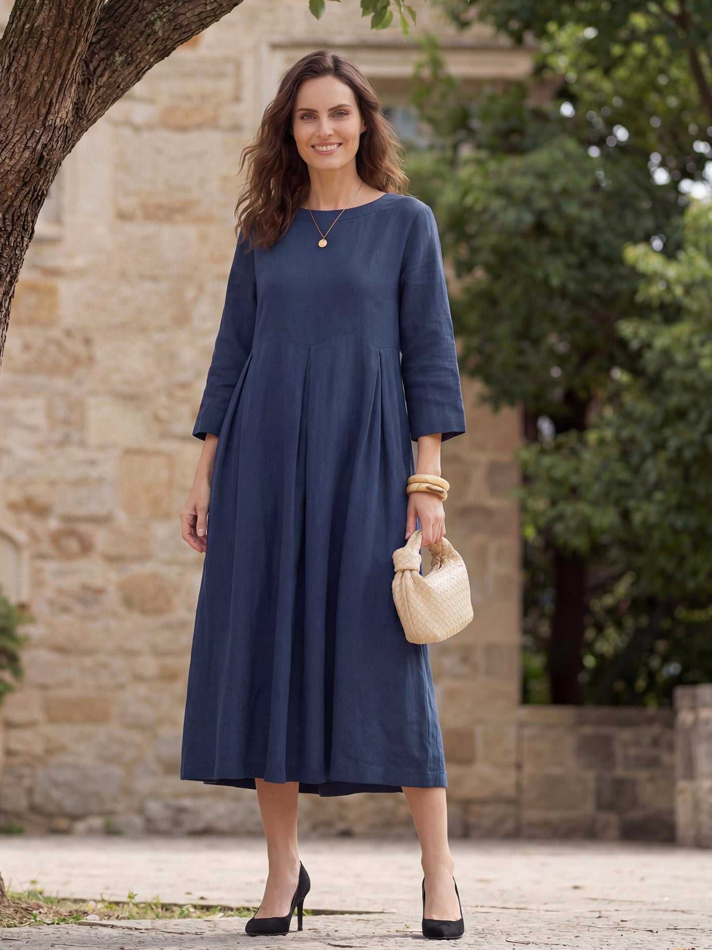 100% Linen Bateau Neck Pleated Maxi Dress ABIGAIL - Seldom Seen Styles