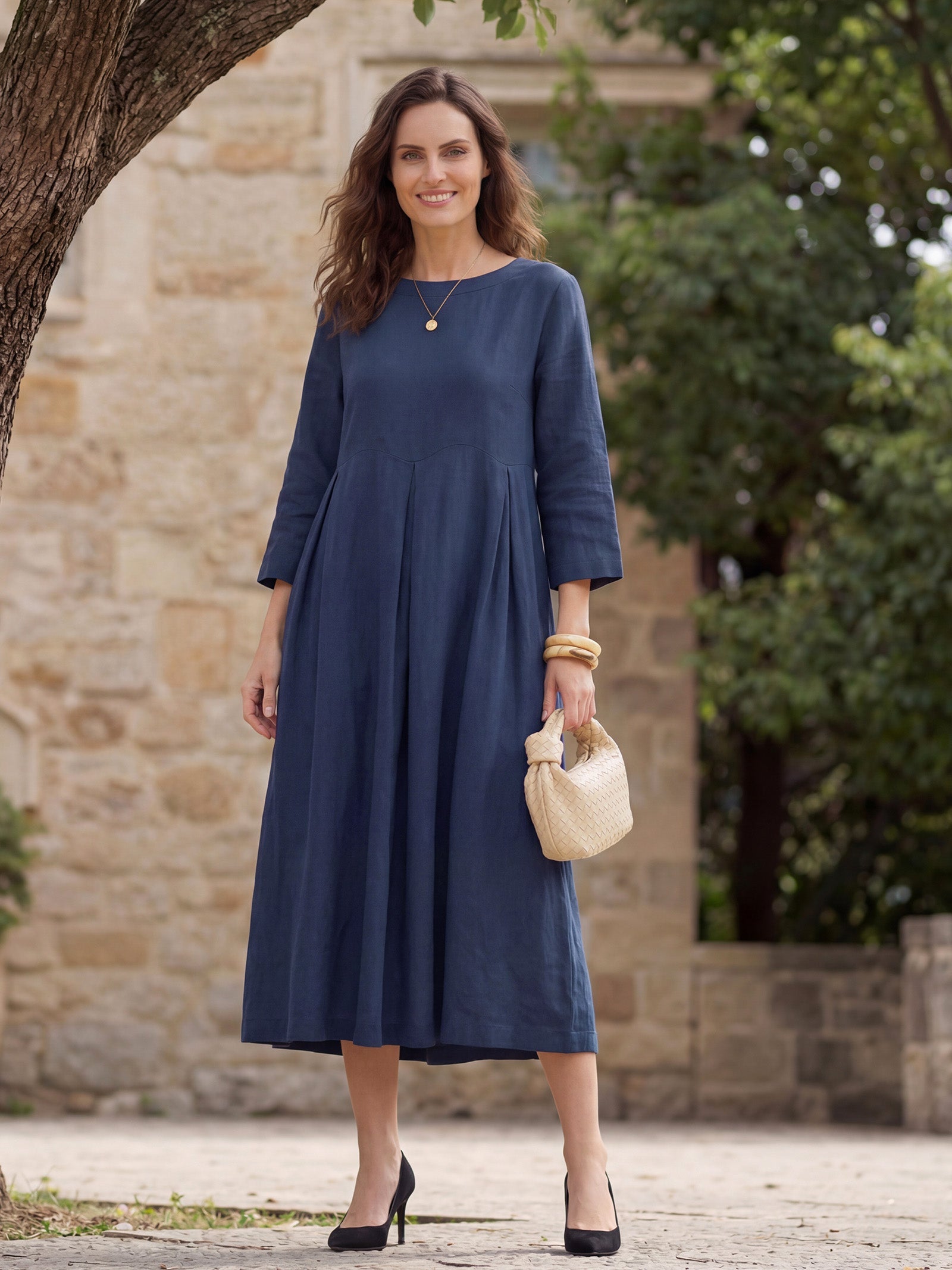 100% Linen Bateau Neck Pleated Maxi Dress ABIGAIL - Seldom Seen Styles
