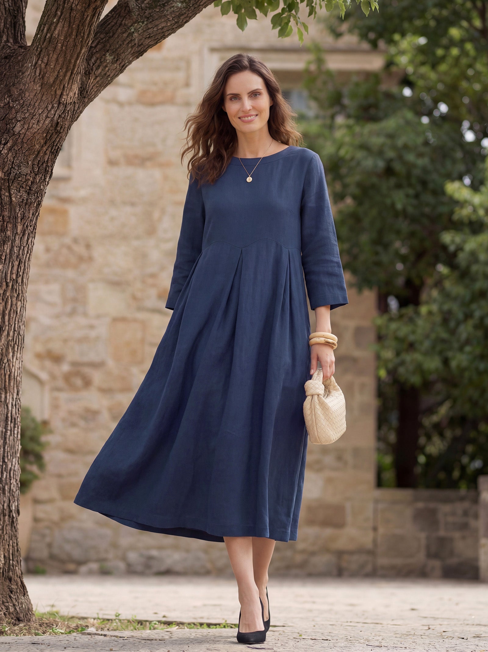 100% Linen Bateau Neck Pleated Maxi Dress ABIGAIL - Seldom Seen Styles