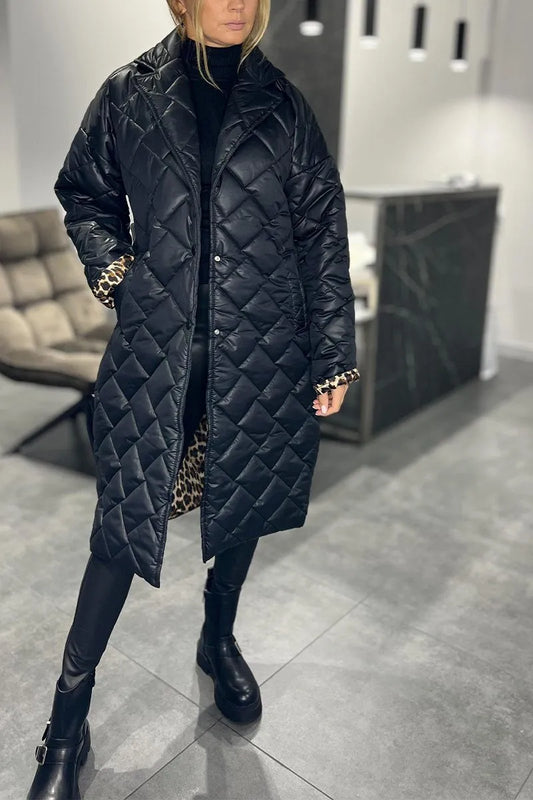 Mariette | Long Quilted Coat with Discreet Leopard Lining - Seldom Seen Styles