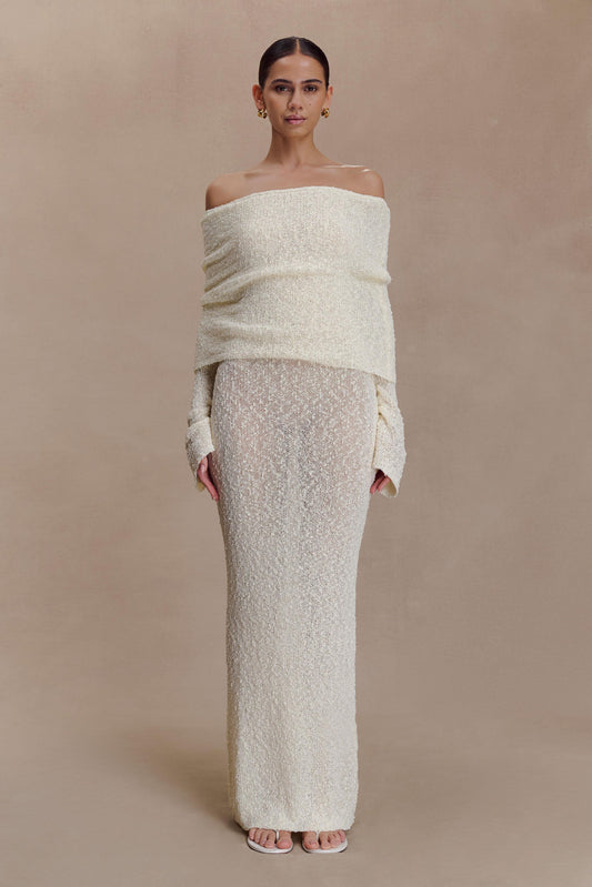 Marisol Off Shoulder Boucle Maxi Dress - Ivory - Seldom Seen Styles