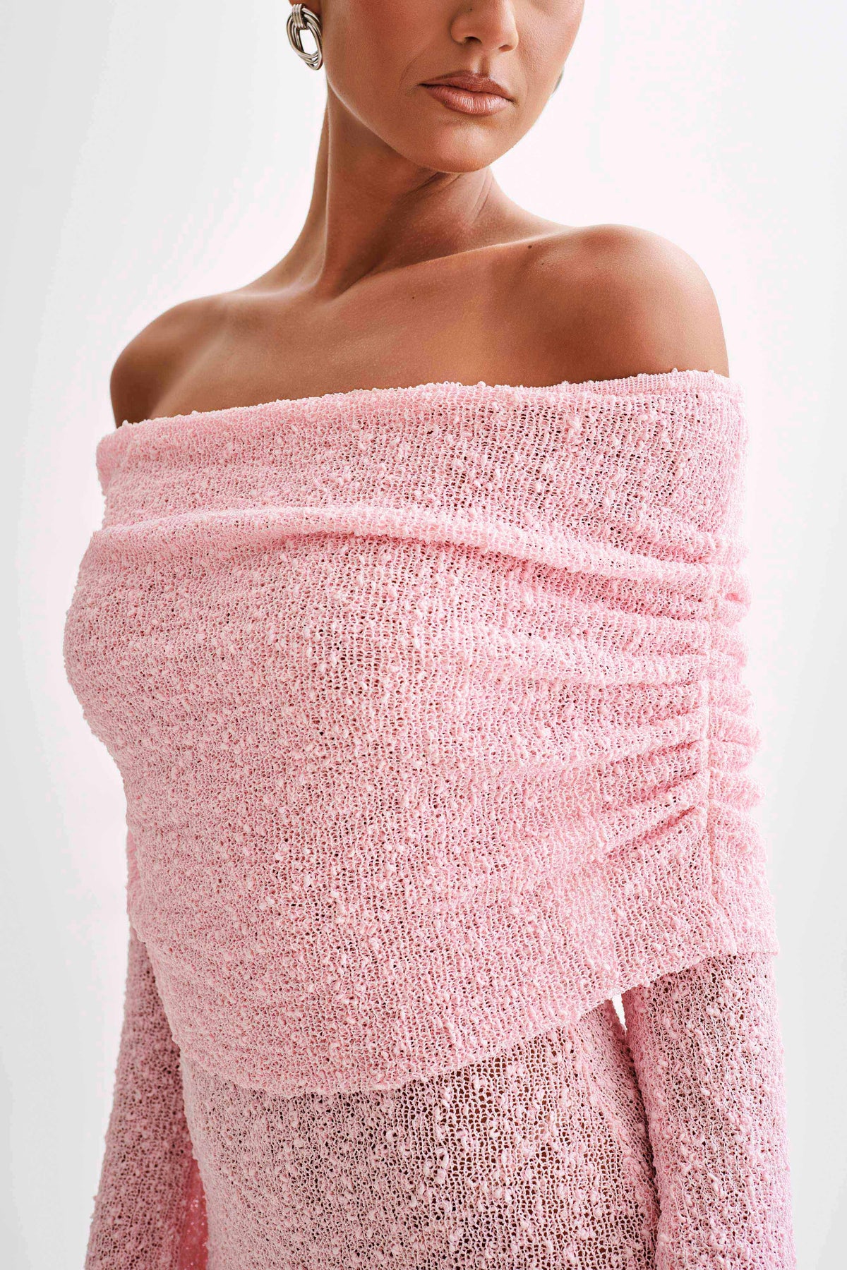 Marisol Off Shoulder Boucle Mini Dress - Baby Pink - Seldom Seen Styles