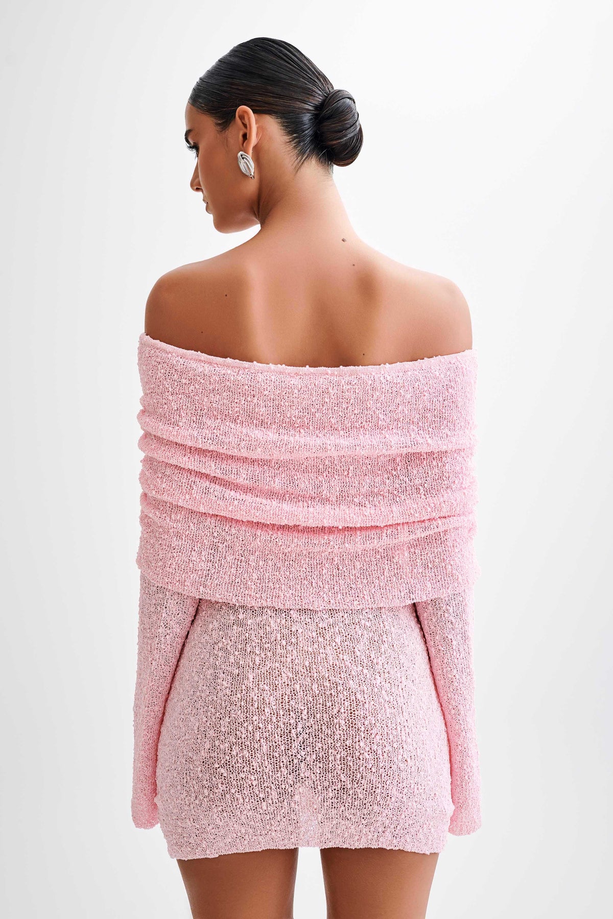 Marisol Off Shoulder Boucle Mini Dress - Baby Pink - Seldom Seen Styles
