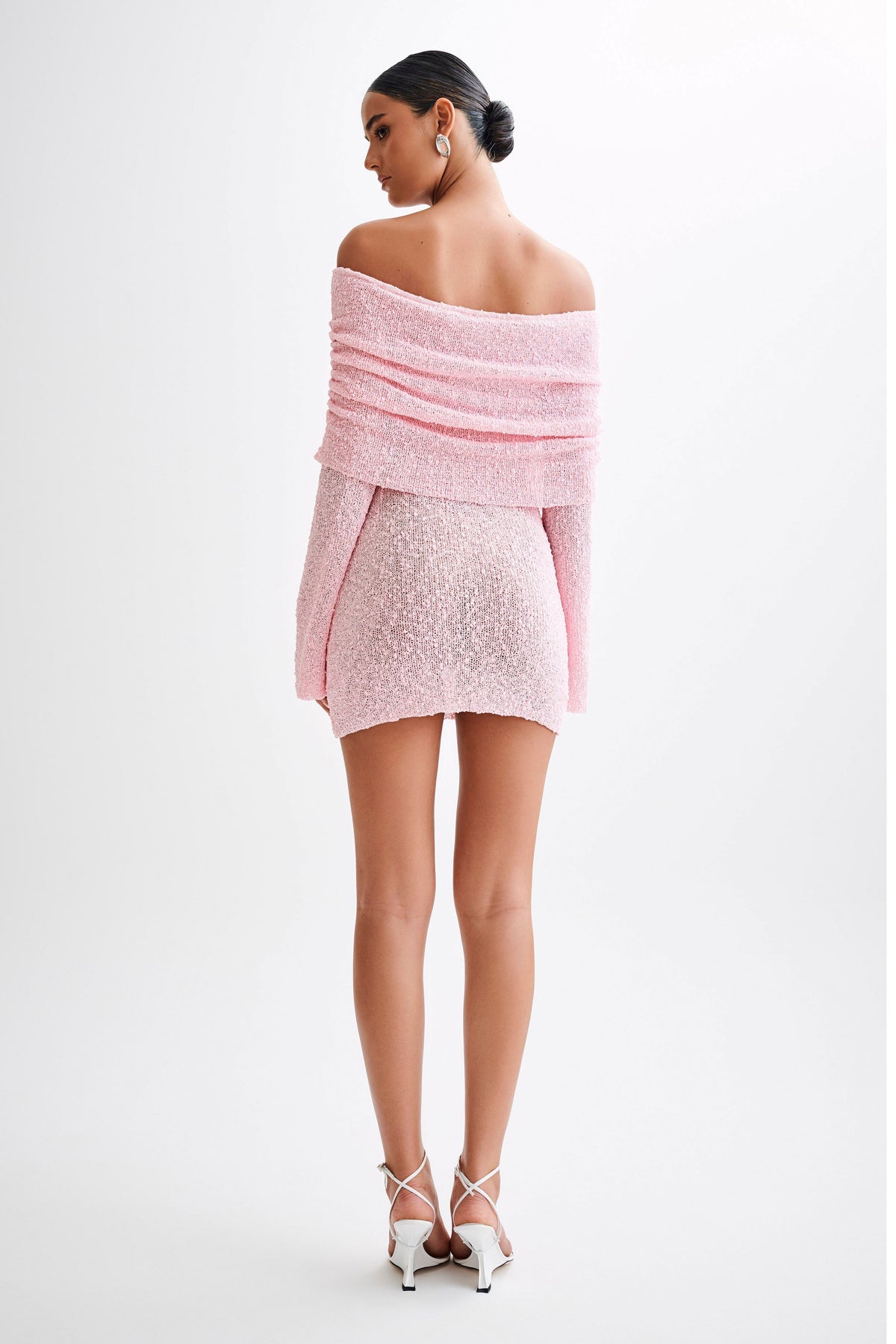 Marisol Off Shoulder Boucle Mini Dress - Baby Pink - Seldom Seen Styles