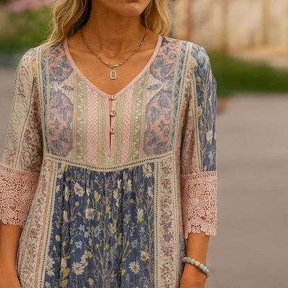 Women's Loose Shift Retro Floral Print Pink Blue Patchwork Button V-Neck Mini Dress Summer Casual Short Sleeve Dress