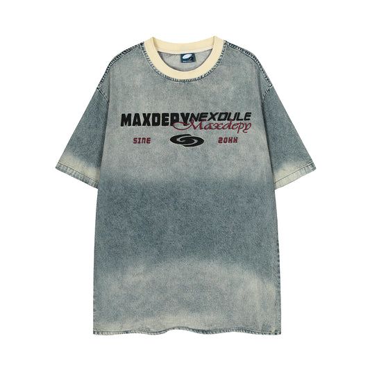 Maxdepy Graphic Letter Print Washed Oversized Tee Short Sleeve Streetwear Y2K Vintage Denim Look T-Shirt | Maxdepy Tee - Seldom Seen Styles
