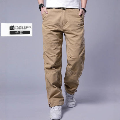 Men's Plus Size Cotton Cargo Pants Loose Straight Leg Multi-Pocket Outdoor Trousers Summer Casual Streetwear Outfit Free Belt