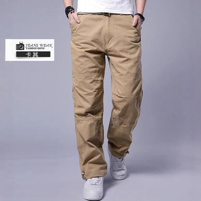 Men's Plus Size Cotton Cargo Pants Loose Straight Leg Multi-Pocket Outdoor Trousers Summer Casual Streetwear Outfit