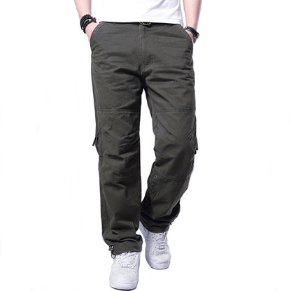 Men's Plus Size Cotton Cargo Pants Loose Straight Leg Multi-Pocket Outdoor Trousers Summer Casual Streetwear Outfit